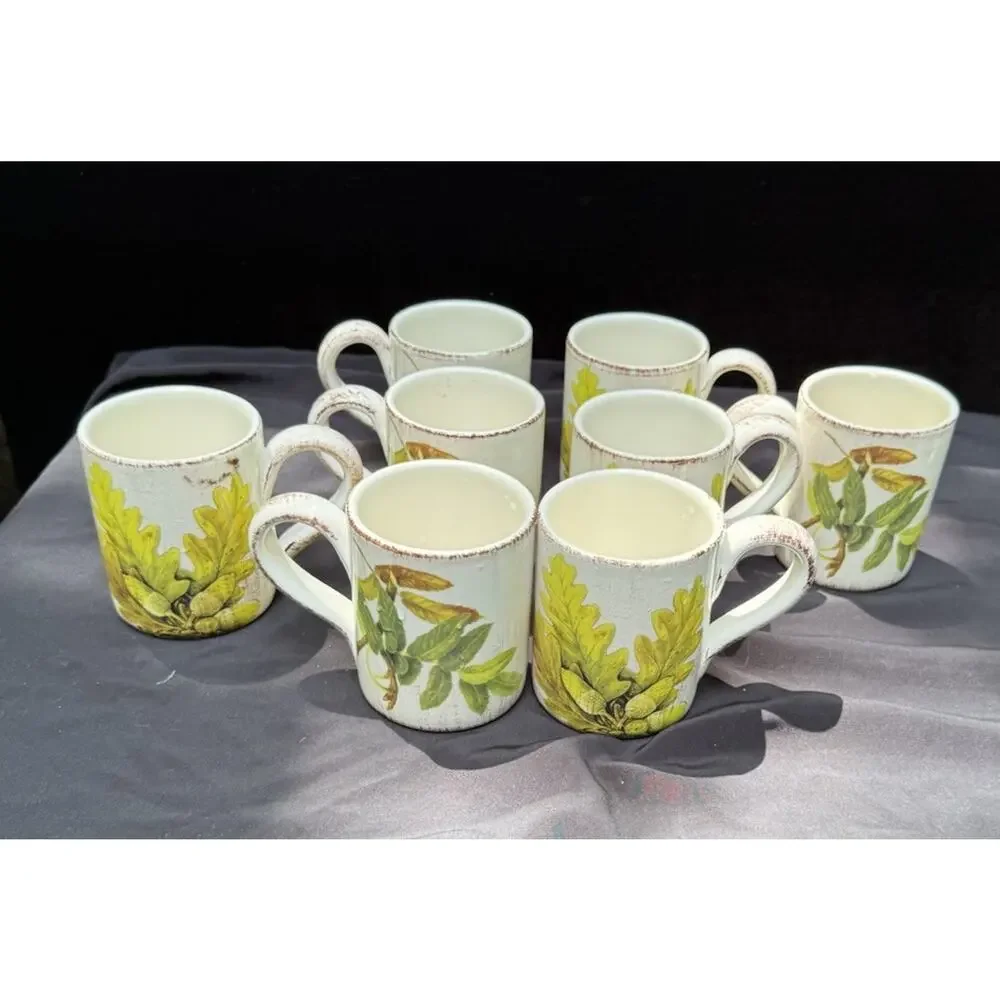 8 Sur La Table Acorn & Fig Coffee Tea Mugs made in Italy Fall Thanksgiving Mint!